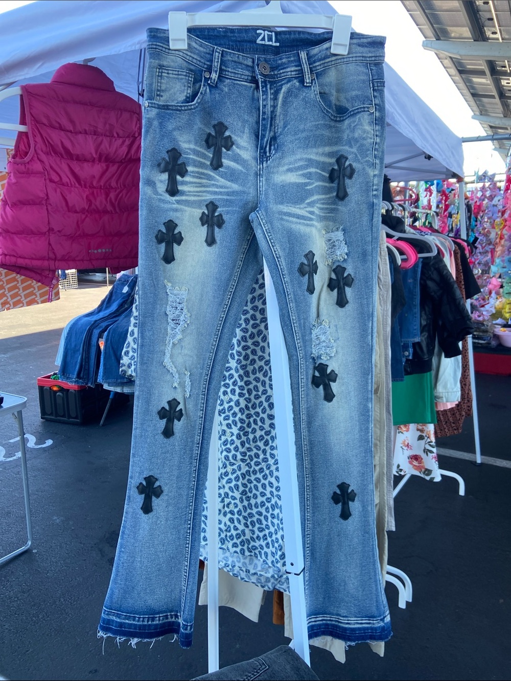 Women's Blue Flare Jeans with Black Cross Appliqués